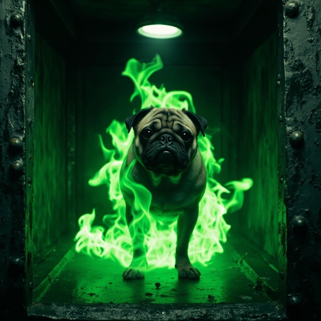 Illustrated containment portrait of The Pyro-Pug.