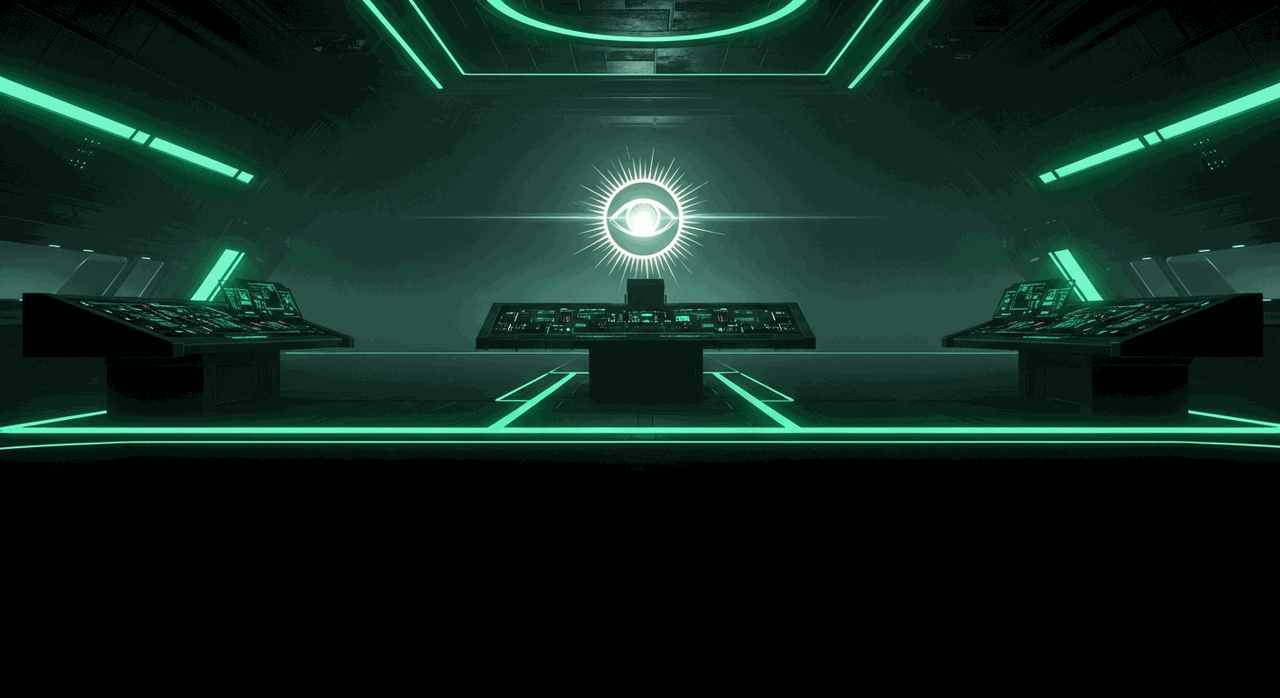 The Solreign bridge lobby screen: a command bridge lit by the eye emblem and teal power conduits.